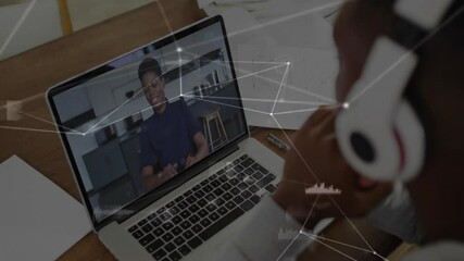 Poster - Man clicking business call button on laptop, colleague speaking and network overlay connecting them