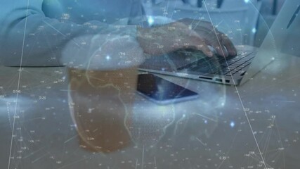 Poster - Business user placing hand by coffee then typing on laptop with rotating globe and network overlay
