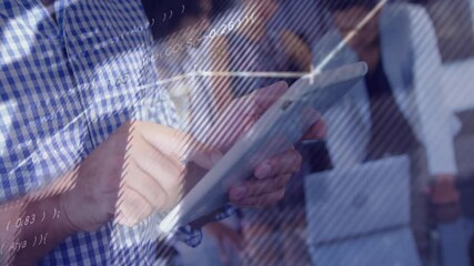 Poster - Man tapping tablet, generating semi-transparent chart overlays for business data analysis