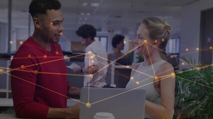 Poster - Man and woman analyzing tech data while woman tapping laptop activating network nodes above screen