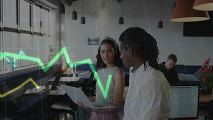 Poster - After dialogue, business analyst and consultant examining laptop, tracking animated chart lines