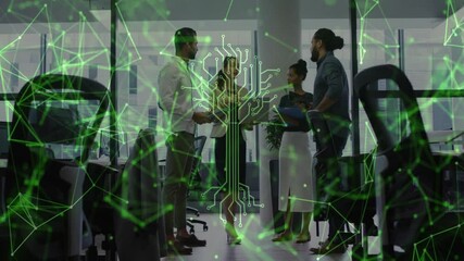 Poster - Team tapping tablet and activating green network with circuit tree icon pulsing for technology