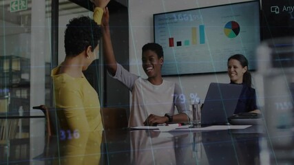 Poster - Business team celebrating spotting sales update, high fiving and clapping with animated charts