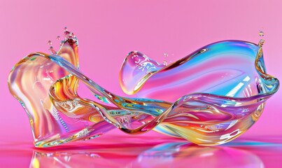 Poster - Abstract iridescent liquid sculpture in motion against pink background