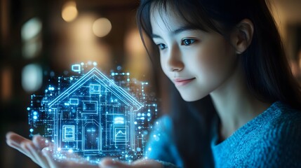 Poster - A young girl interacts with a holographic smart home model, showcasing futuristic home technology.