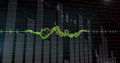Poster - dashboard showing flat green pulse initiating waveform peaks then receding, visualizing data trends