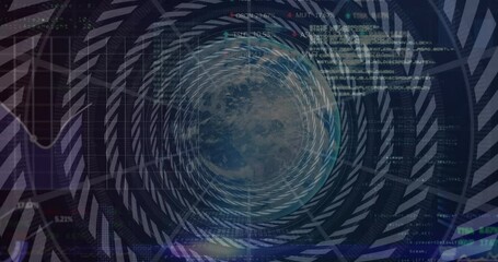 Poster - Pattern appearing, globe rotating with spinning rings, scrolling stock data showing market trends