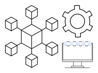 Wall Mural - blockchain structure, gear for process automation, monitor for digital interface. ideal for technolo