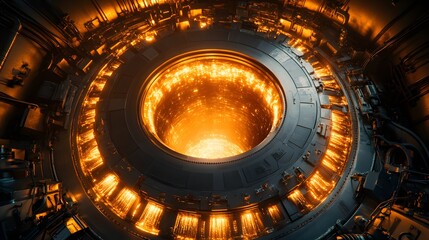 Fototapete - A digital rendering of a futuristic reactor's core, glowing intensely with orange light. a glowing industrial complex.