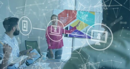 Poster - Woman clicking remote presenting chart in tech meeting colleague joining discussing icon overlay