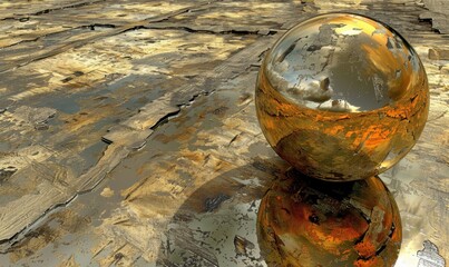 Poster - Golden sphere reflecting a textured metallic surface abstract design