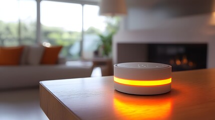 Poster - A smart home device sits on a wooden table, illuminated with warm orange light. The background shows a blurred living room.