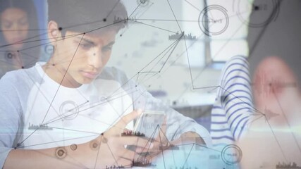 Poster - Teenage boy placing phone on desk, lifting and tapping phone with educational data graphics overlay