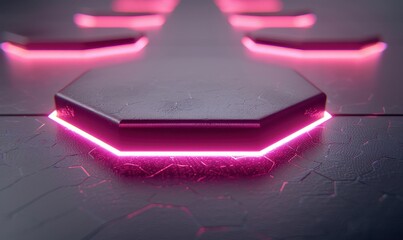 Poster - Neon pink geometric octagon platform on dark textured surface concept