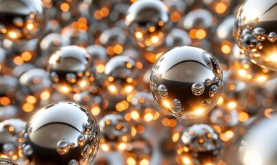 Poster - Reflective spheres metallic ornaments with abstract bokeh background