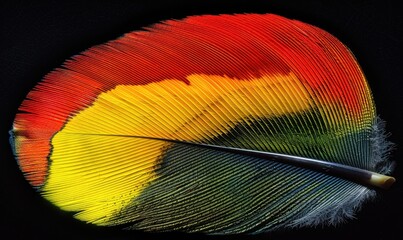 Poster - Striking macro shot of a single colorful bird feather on black background