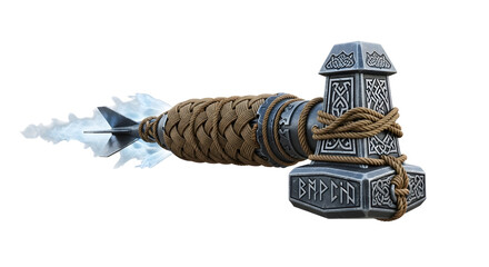 Hammer-shaped object with a projectile tail, wrapped in rope against a transparent background. The hammer head displays intricate carvings and is predominantly grey.