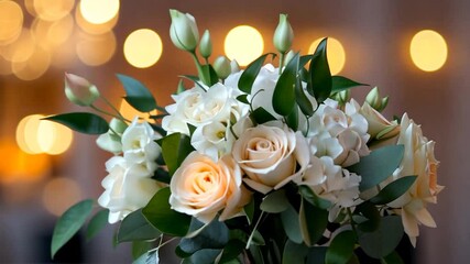 Aufkleber - Elegant Floral Bouquet Featuring Peach and White Roses and Greenery Against Bokeh Background
