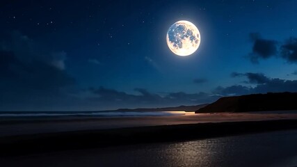 Poster - Dramatic Coastal Night Scene Featuring a Glowing Full Moon Over the Ocean and Sandy Beach with Starry Sky