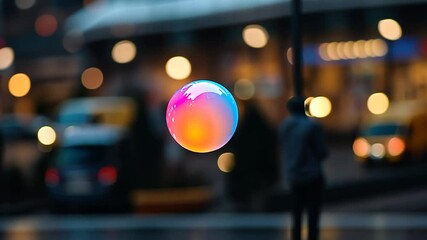 Aufkleber - Glowing Multicolored Sphere Floating Against Defocused City Background with Bokeh Lights