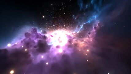 Poster - Abstract Cosmic Illustration of a Nebula with Purple and Blue Hues and Sparkling Stars Against Dark Background