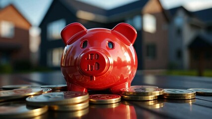Poster - Red Piggy Bank And Gold Coins Reflecting Financial Savings Concept With Blurred Residential Background