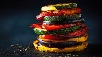 Poster - Vibrant tower of grilled vegetable slices including zucchini, bell peppers, and eggplant stacked on dark surface, showcasing colorful and appetizing presentation