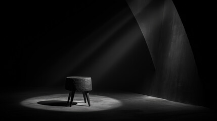 Aufkleber - Solitary stool is illuminated by dramatic beam of light in dark, minimalist space, creating striking contrast between light and shadow. scene evokes sense of mystery and introspection