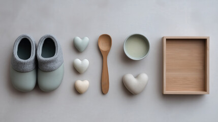 Leinwandbilder - Collection of cozy items including soft slippers, heart shaped stones, wooden spoon, small bowl, and wooden tray arranged on neutral background