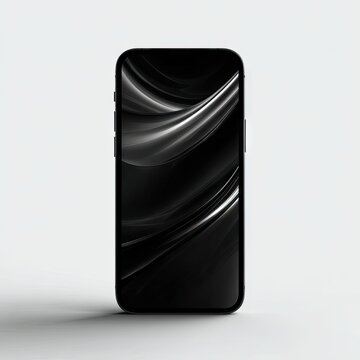 Sleek black smartphone displaying abstract grayscale flowing curves on its screen, set against a minimalist white background