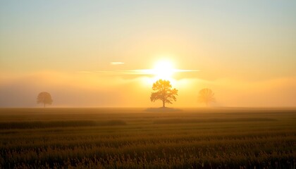 Poster - sunrise with tree in the middle. Sun is rising above the horizon, casting a golden light over the field and trees, creating a serene and peaceful scene