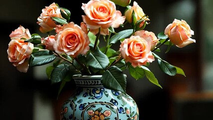 Aufkleber - Peach Roses in a Decorative Vase with Green Leaves and Blurred Background