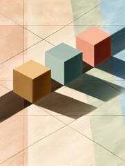 Poster - Three colorful cubes casting shadows on a geometric patterned surface in a bright setting