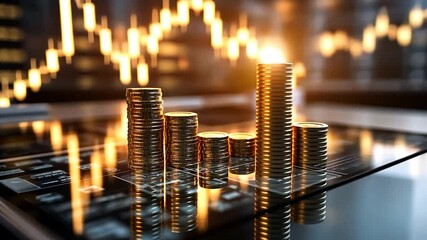 Poster - Golden Coin Stacks Reflecting Warm Light Against Blurred Financial Chart Display