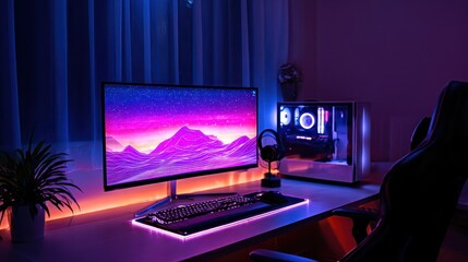 Poster - A vibrant gaming setup featuring a colorful monitor, sleek PC, and ambient lighting in a cozy room
