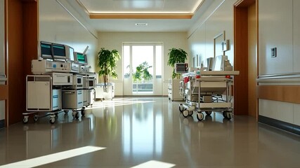 Poster - Hospital Hallway Interior with Medical Equipment and Bright Natural Light Entering Through the Door