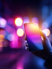 Poster - A person holding a smartphone displaying vibrant colors against a blurred urban nightlife background