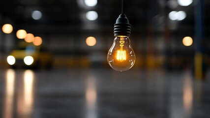 Poster - Illuminated Lightbulb Hanging In An Empty Industrial Warehouse Space
