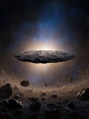 Wall Mural - A massive asteroid hovering in space, surrounded by smaller celestial bodies, with a glowing backdrop