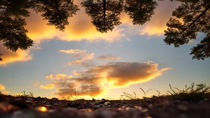 Poster - Sunset Sky with Golden Clouds and Silhouette Trees in a Natural Landscape
