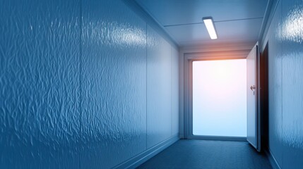 Poster - A serene corridor leading to an open door with soft light illuminating the space