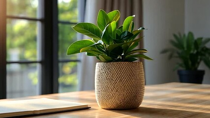 Poster - Green Potted Plant on Wooden Table with Notebook and Window