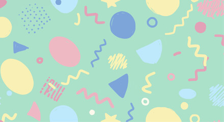 Playful pastel Memphis pattern – colorful geometric shapes on soft green background.