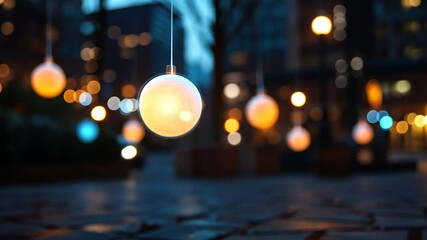 Aufkleber - Golden Illuminated Orbs Hanging Above Paved Street with Bokeh Lights and Blurred City Background