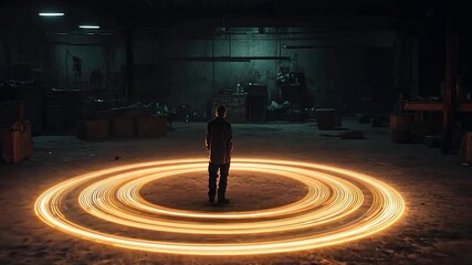 Poster - Mysterious Person Standing Inside Glowing Orange Circular Portal In Dark Industrial Warehouse