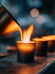 Poster - Pouring molten wax into a candle holder, creating a warm glow against a blurred background
