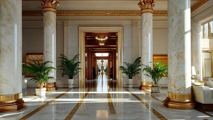 Aufkleber - Grand Hallway Interior Featuring Marble Columns And Golden Details Under Warm Lighting