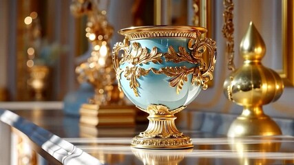 Poster - Ornate Turquoise Vase With Gold Embellishments in Sunlight Detailed Palace Interior View