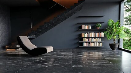 Aufkleber - Modern Interior With Lounge Chair Bookshelf Staircase and Greenery in Elegant Dark Space