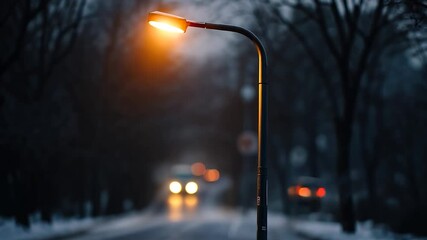 Poster - Illuminated Streetlamp On Dark Road With Blurred Vehicle Lights And Bare Trees